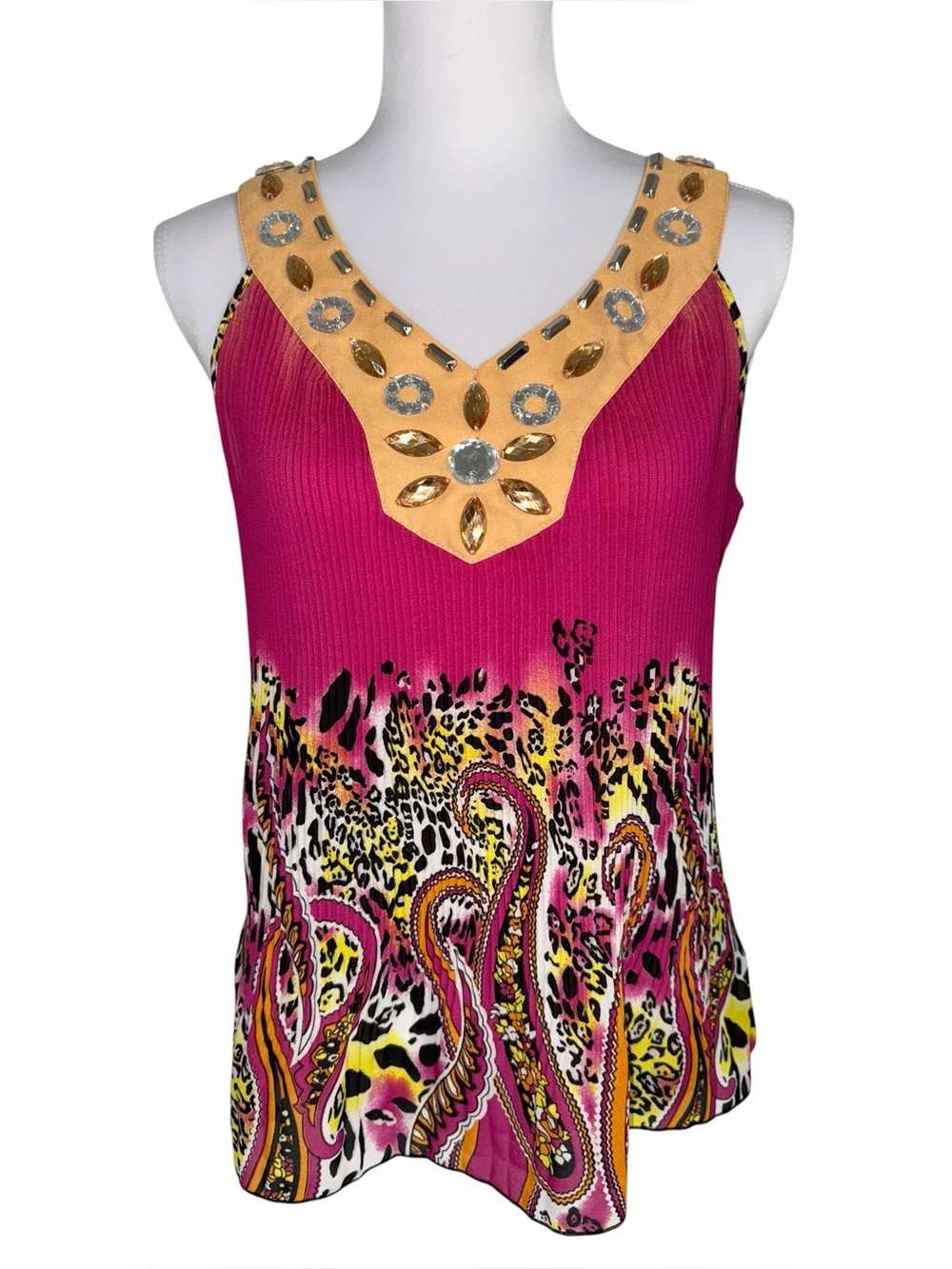 VTG Piano Women’s M Pink Paisley Leopard Print Rhinestone Beaded Sleeveless Top